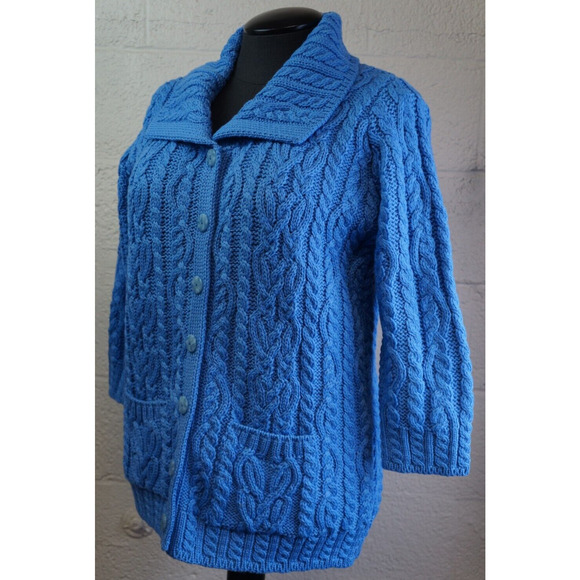 Aran Craft Blue Wool Button Front Cardigan Sweater w/ Pockets New Size L - Picture 4 of 11